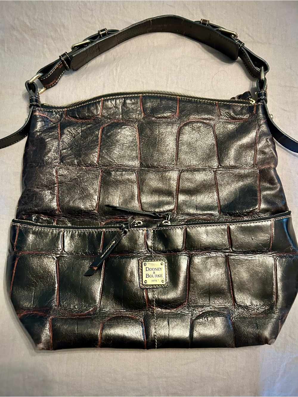 Dooney & Bourke Black Croc-Embossed Shoulder Bag with Gold Plaque